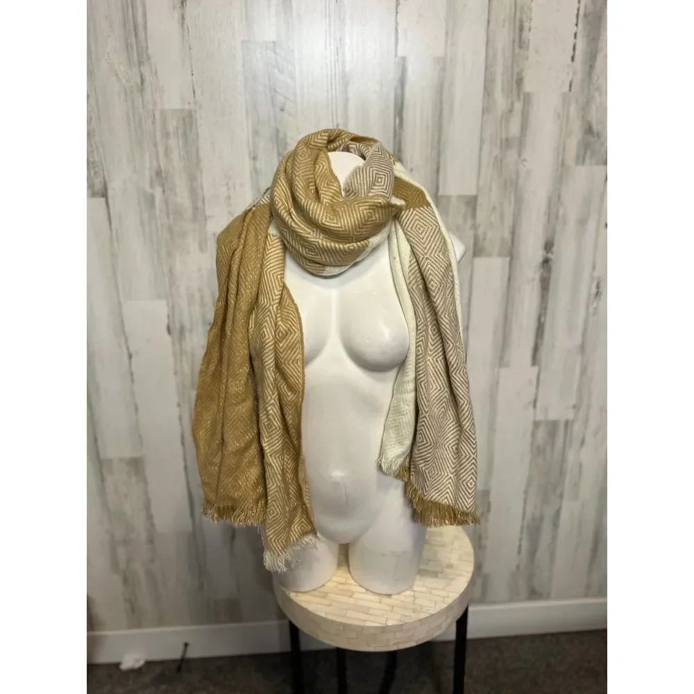 Beige & Cream Geometric Pattern Scarf – Soft Lightweight Winter Wrap Shawl